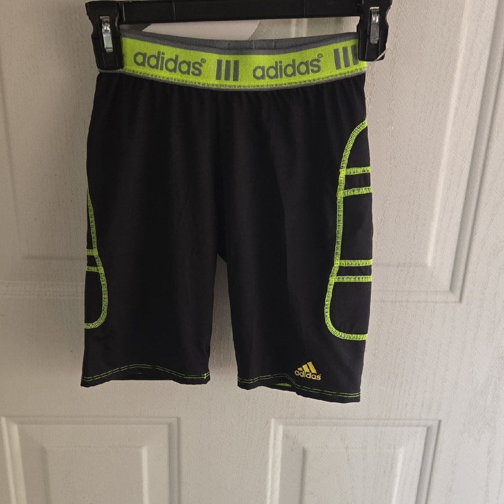 adidas Black Slide Shorts with Neon Green Trim - Kids